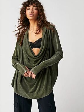 NWOT Nicholas K Olive Cowl Neck Lightweight Linen Blend Hoodie Sweater